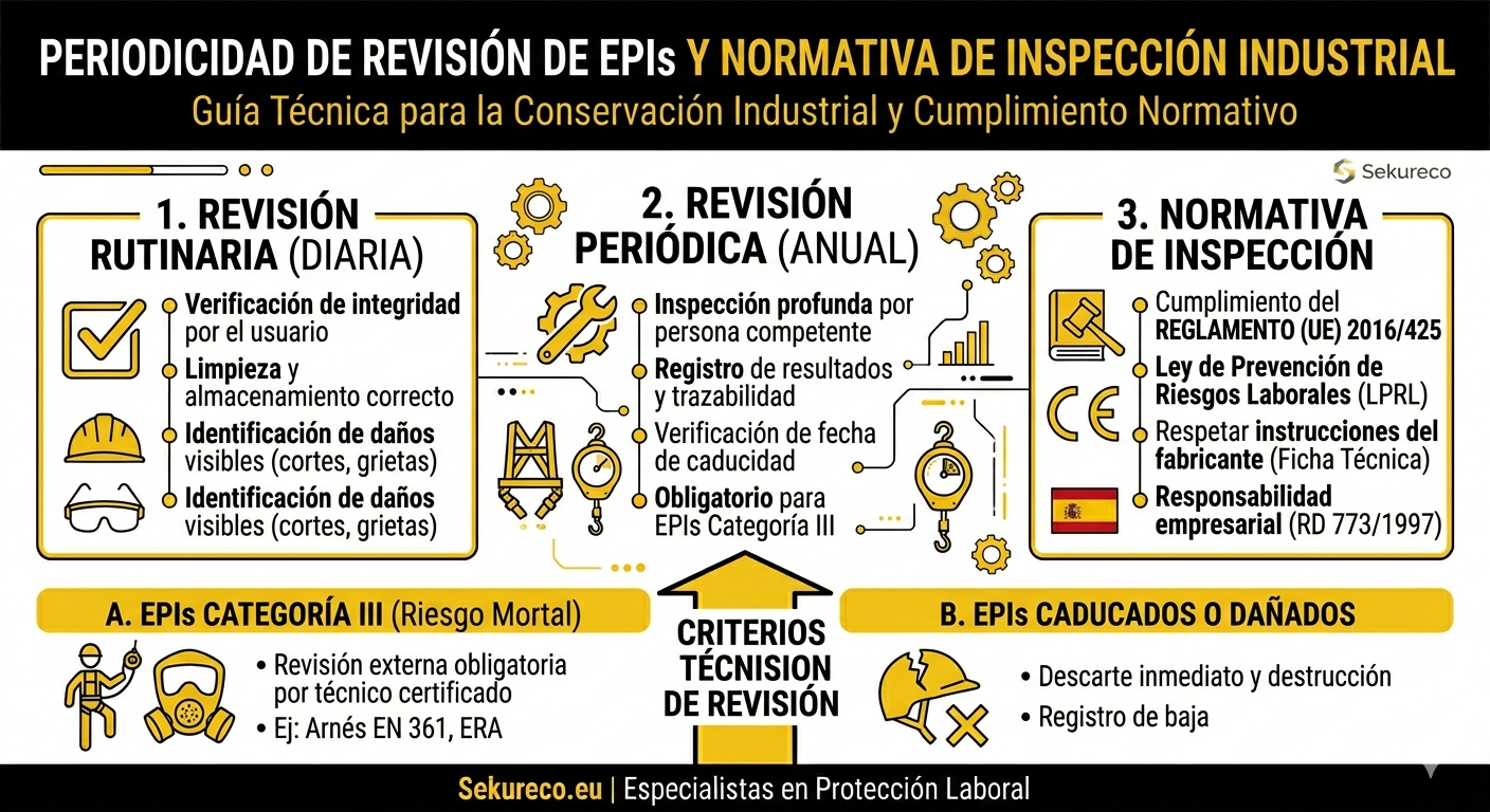 Periodicidad de revisión de EPIs y normativa de inspección industrial